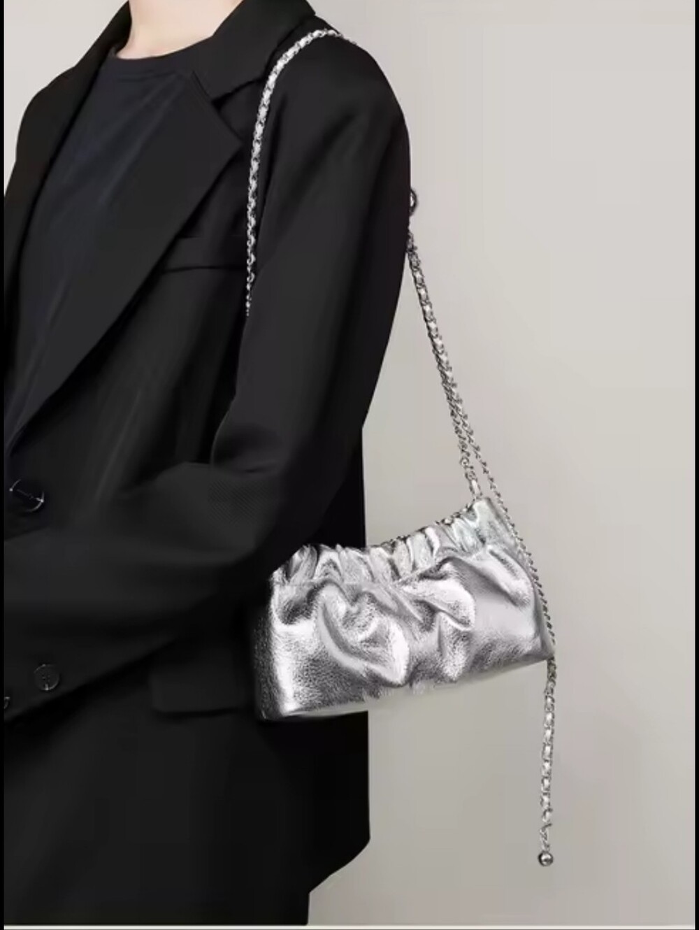 Genuine Leather Silver Metallic Chain-Handle Shoulder Bag - Picture 3 of 14